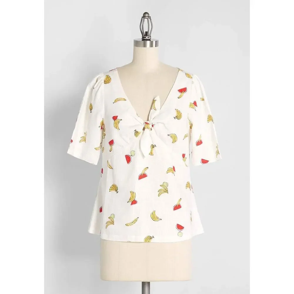 ModCloth Womens Linen Blouse Plus Size 2X Pack a Picnic Fruit Print Tie-Front - Picture 3 of 15